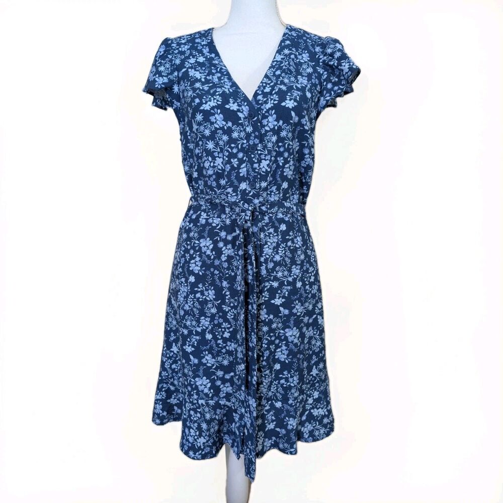 Lucky Brand Floral Mini Dress Womens M Blue Flutter Sleeve Button Front Belted